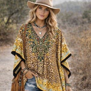 Gypsie Blu Leopard Print Boho Kaftan Tunic Dress | One Size